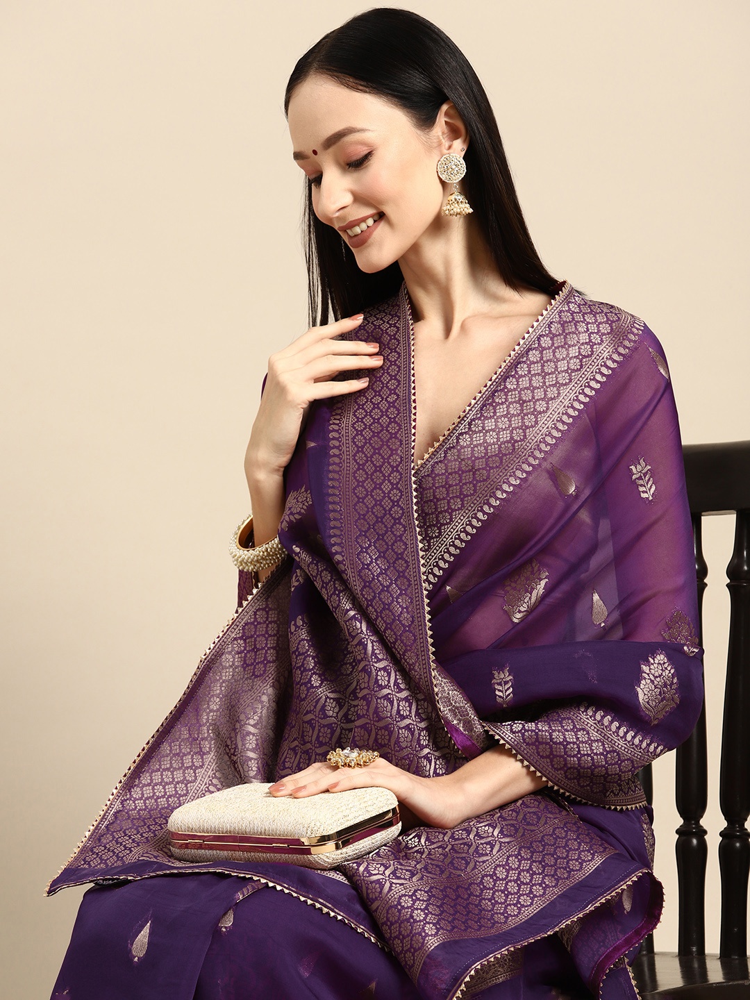 

Simaaya Woven Design Ethnic Motifs Zari Chanderi Saree, Purple