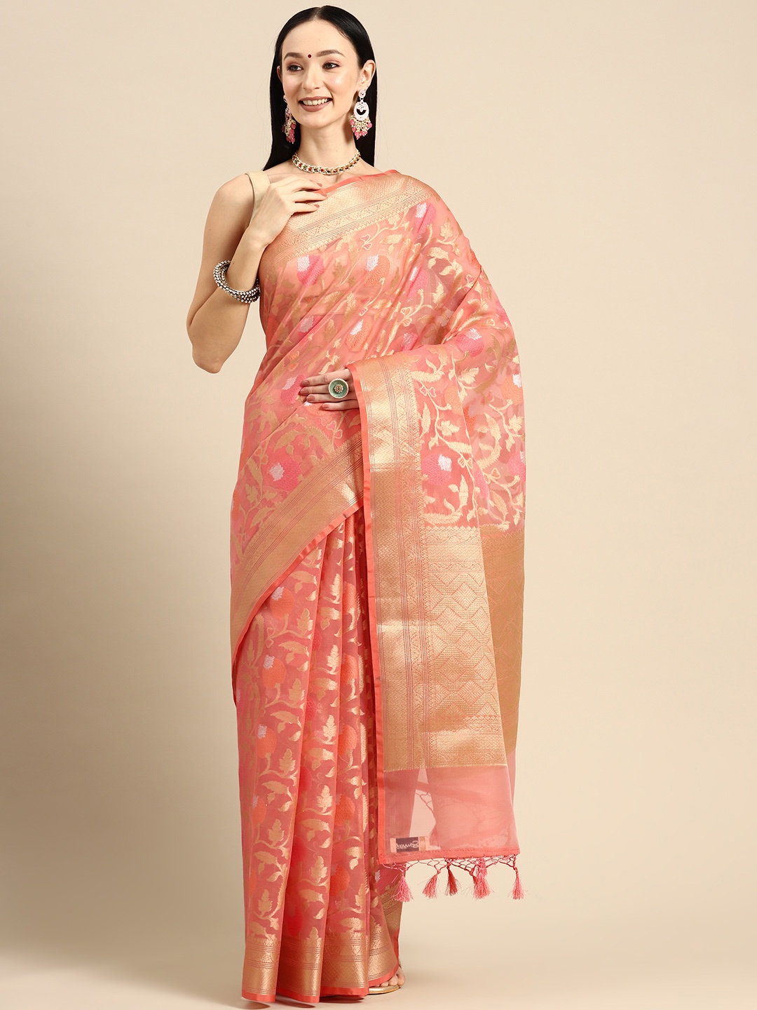 

Simaaya Ethnic Motifs Zari Chanderi Saree, Peach