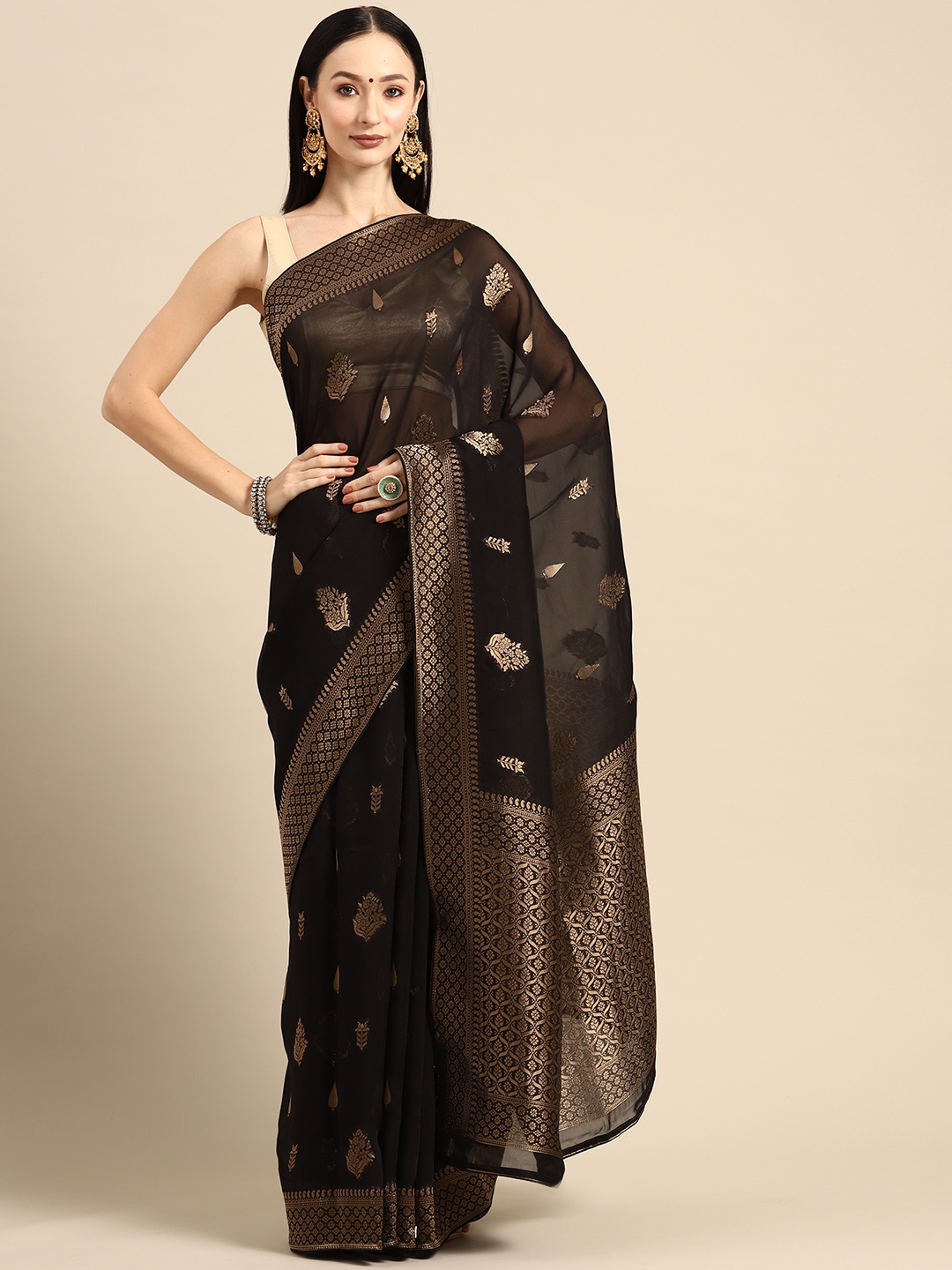 

Simaaya Floral Zari Chanderi Saree, Black