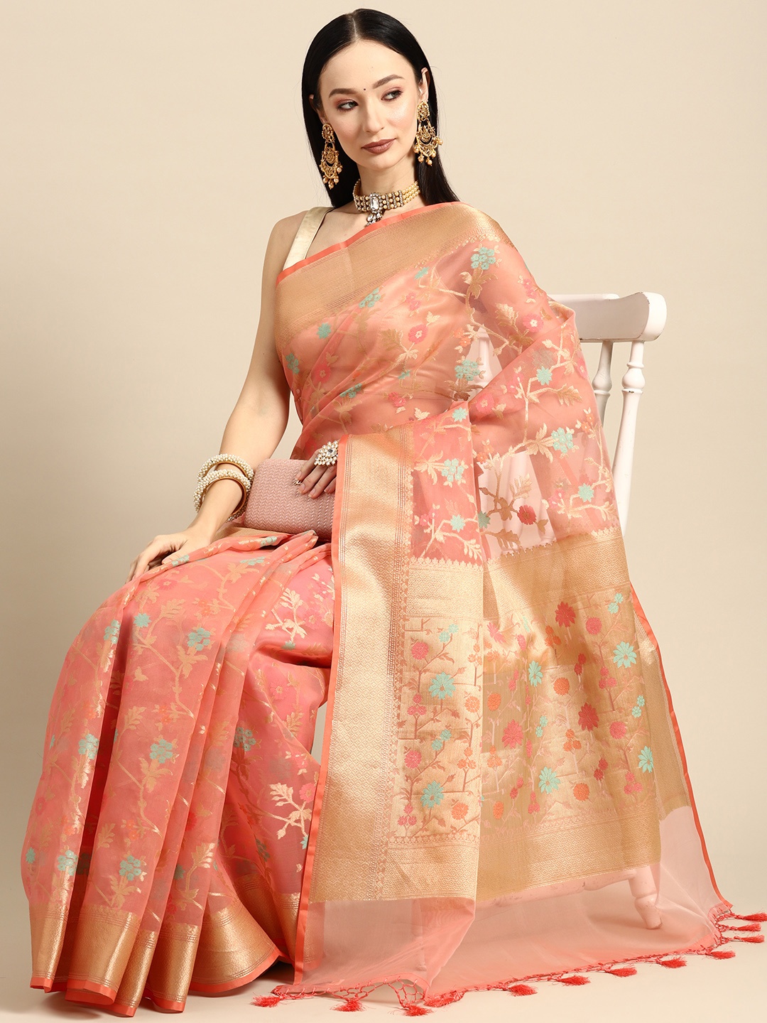 

Simaaya Woven Design Floral Zari Chanderi Saree, Peach