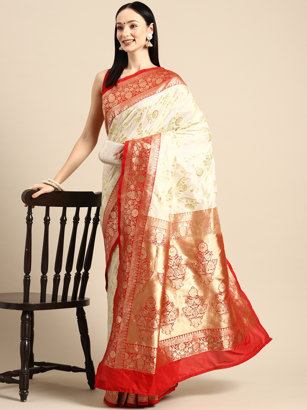 

Simaaya Floral Zari Art Silk Saree, Cream