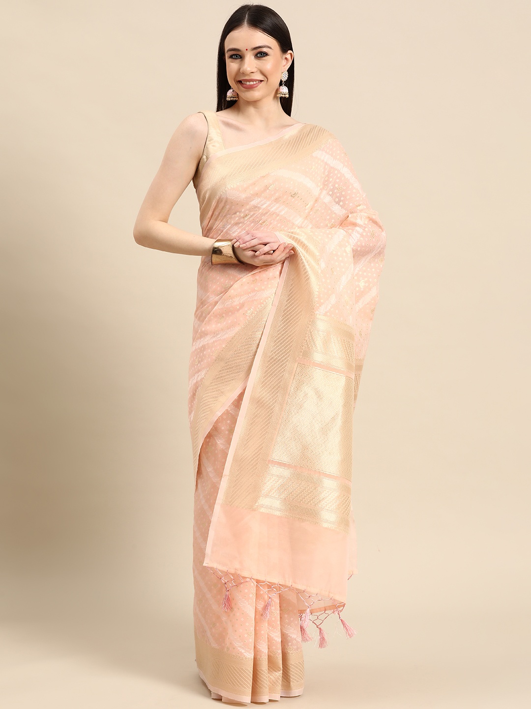 

Simaaya Peach-Coloured Woven Design Zari Silk Cotton Chanderi Saree