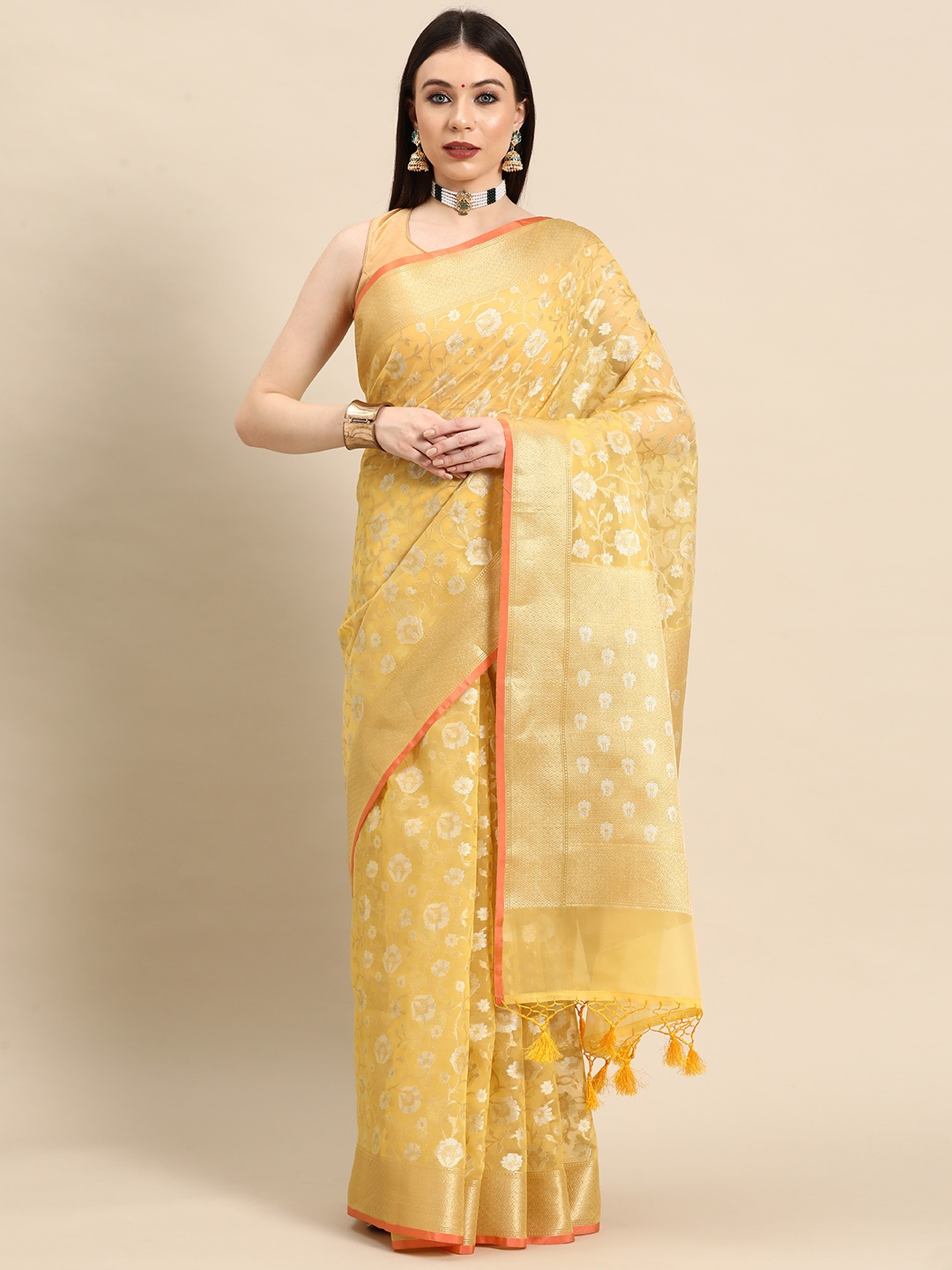 

Simaaya Floral Zari Silk Cotton Chanderi Saree, Yellow