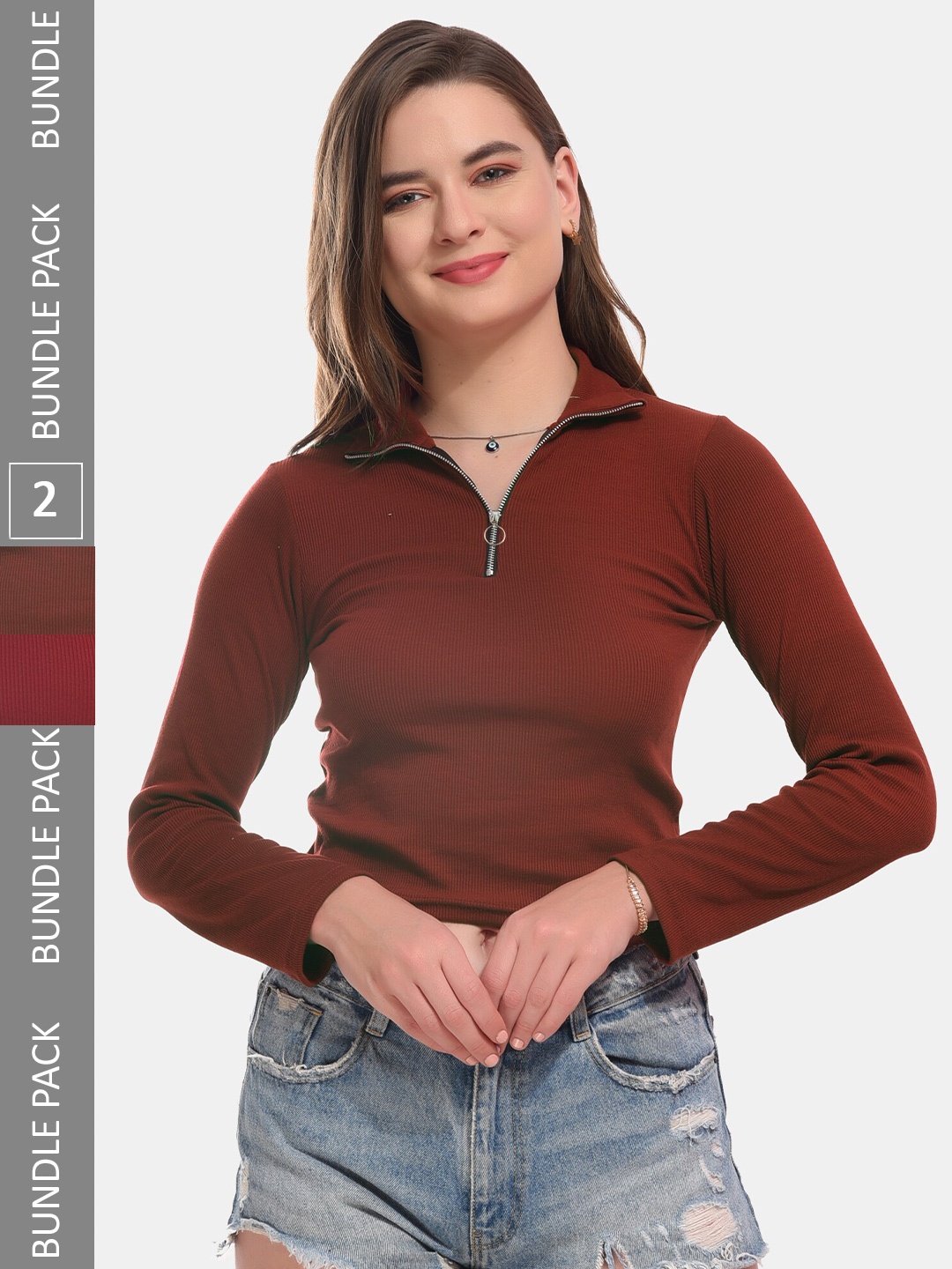 

Boleem Pack Of 2 Shirt Collar Cotton Fitted Crop Top, Brown