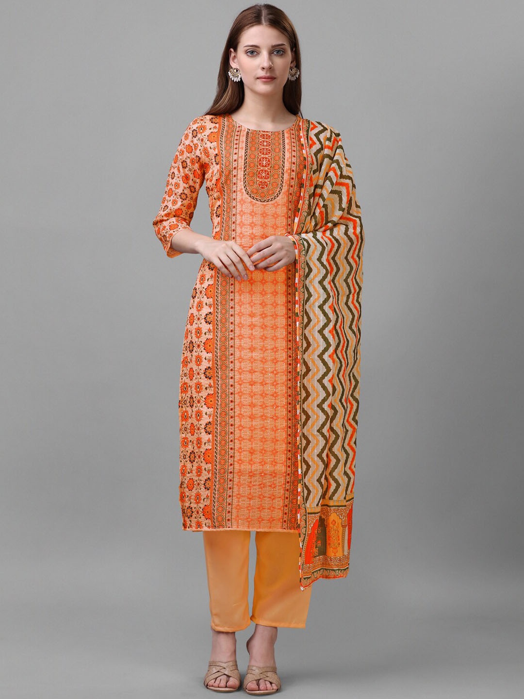 

Sun Fashion And Lifestyle Floral Printed Regular Kurta with Trousers & With Dupatta, Orange