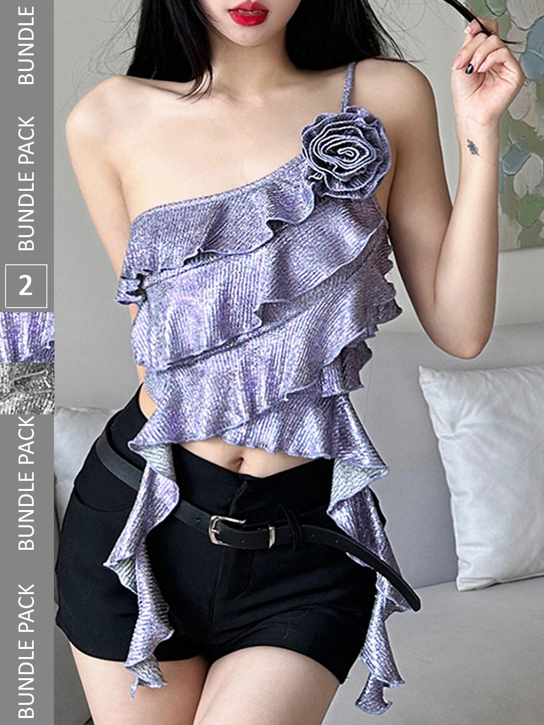 

LULU & SKY Pack Of 2 One Shoulder Ruffled Crop Top, Purple