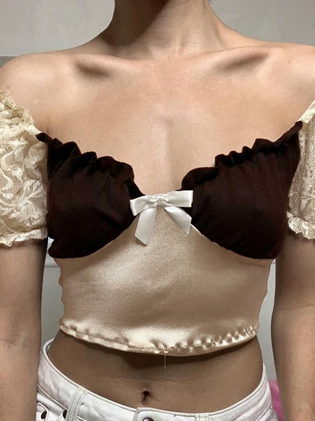 

LULU & SKY Off-Shoulder Crop Fitted Top, Brown