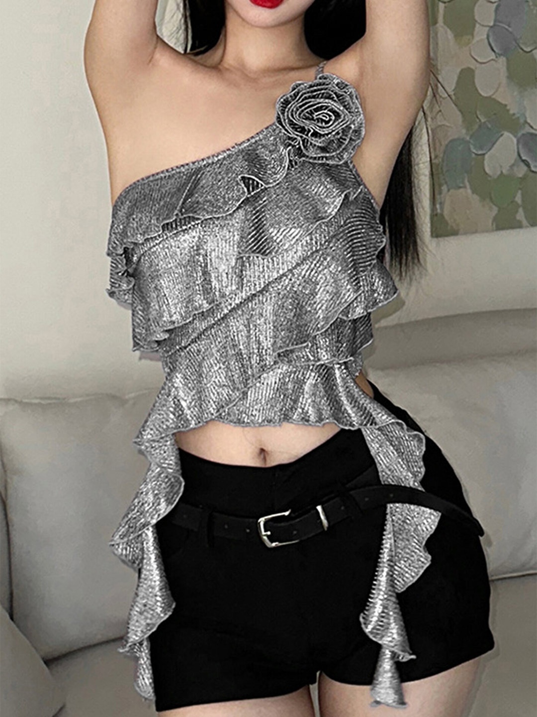 

LULU & SKY Floral Print One Shoulder Bell Sleeve Crop Top, Na