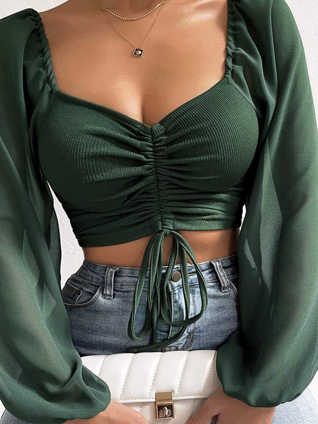

LULU & SKY Sweetheart Neck Puff Sleeve Ruched Crop Top, Green