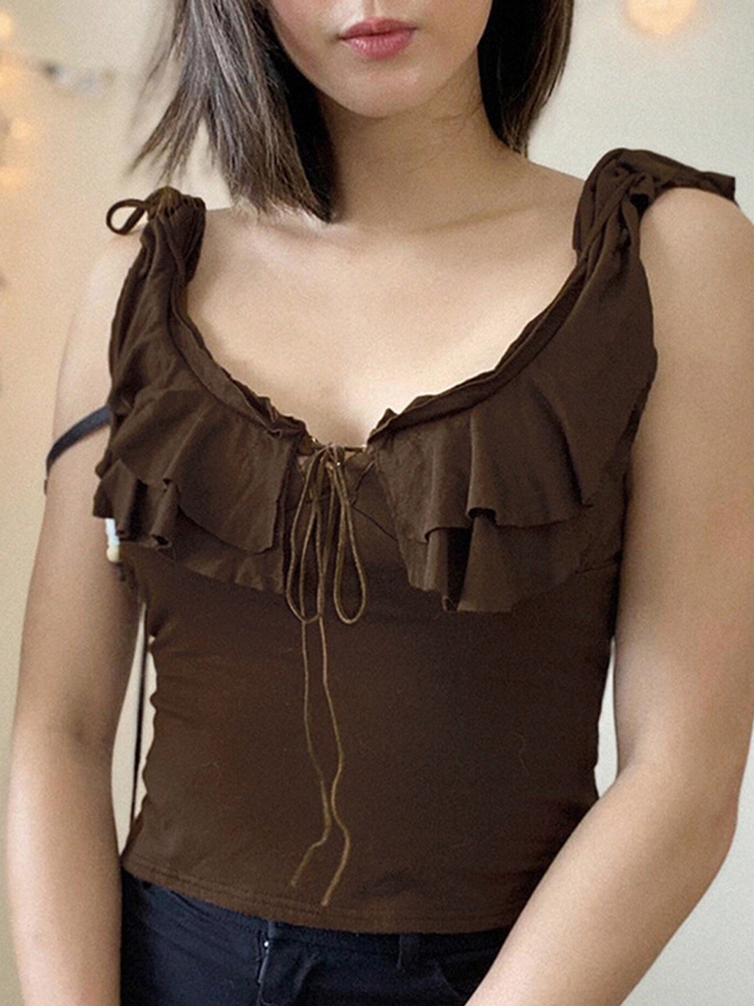 

LULU & SKY Tie-Up Neck Ruffled Cotton Top, Brown