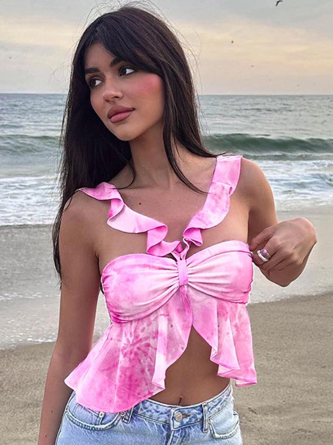 

LULU & SKY Tie & Dye Ruffled Crop Top, Pink