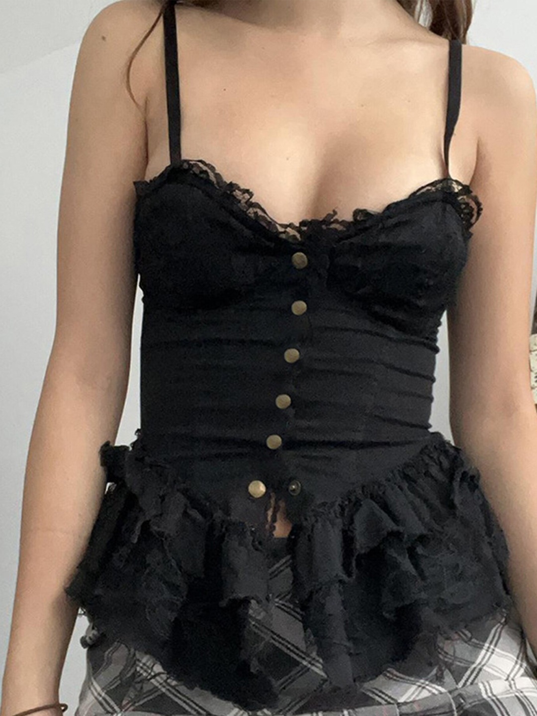

LULU & SKY Ruffled Detailed Lace Up Detailed Shoulder Straps Corset Style Top, Black