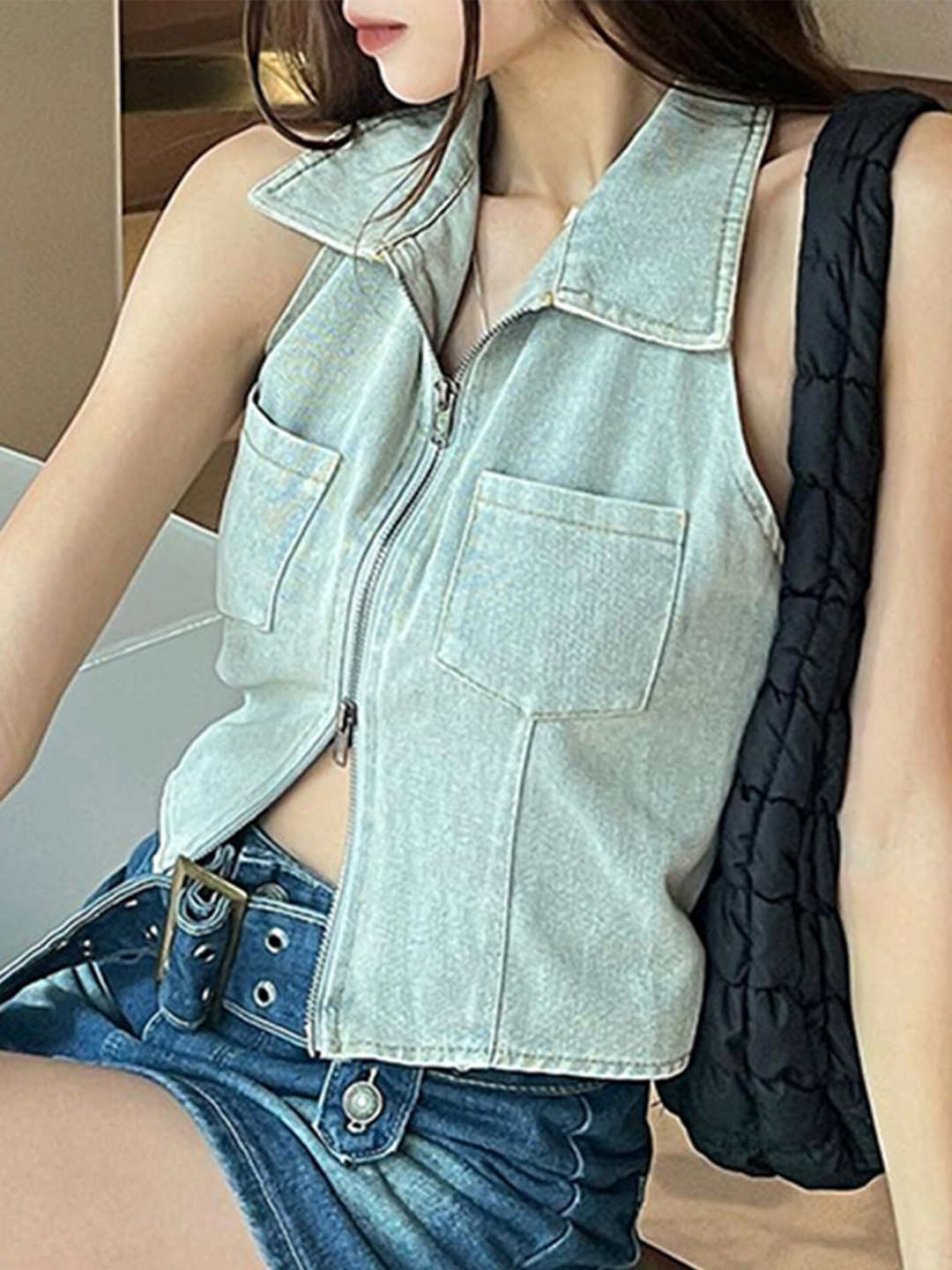 

LULU & SKY Shirt Collar Sleeveless Shirt Style Top, Green