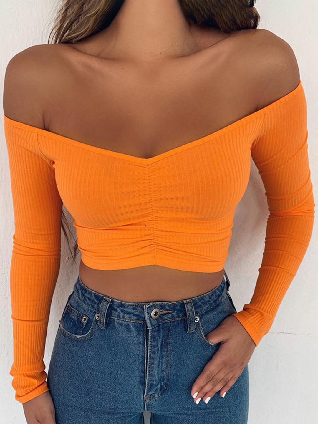 

LULU & SKY Off-Shoulder Ribbed Bardot Crop Top, Orange