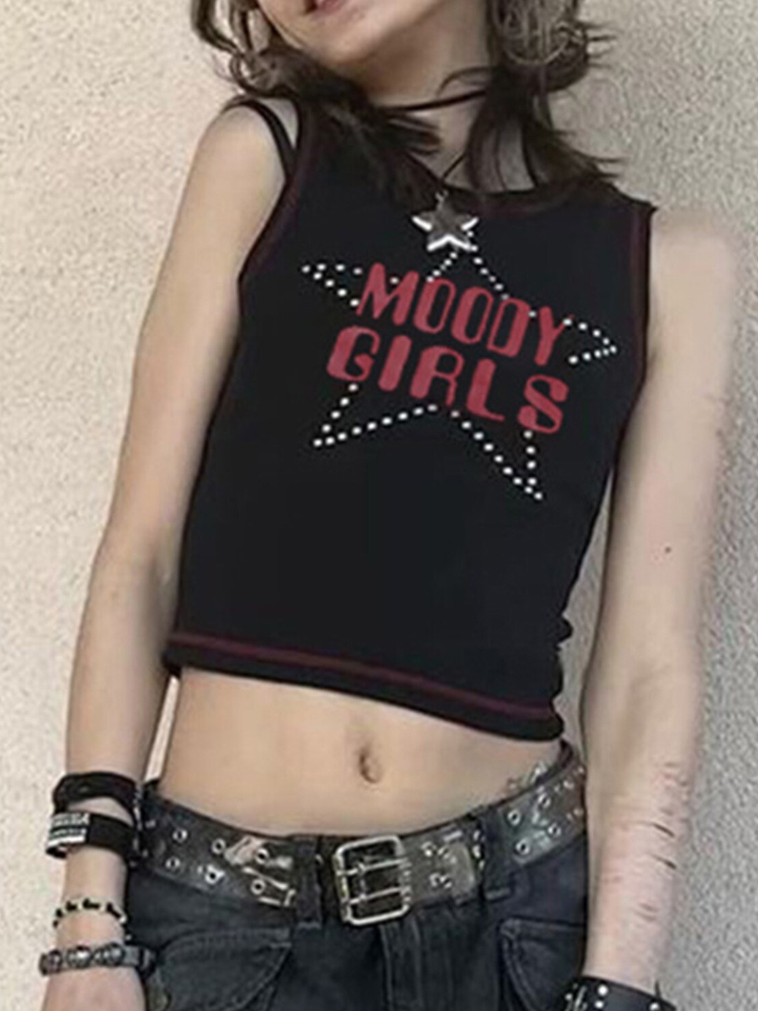

LULU & SKY Typography Printed Cotton Crop Top, Black