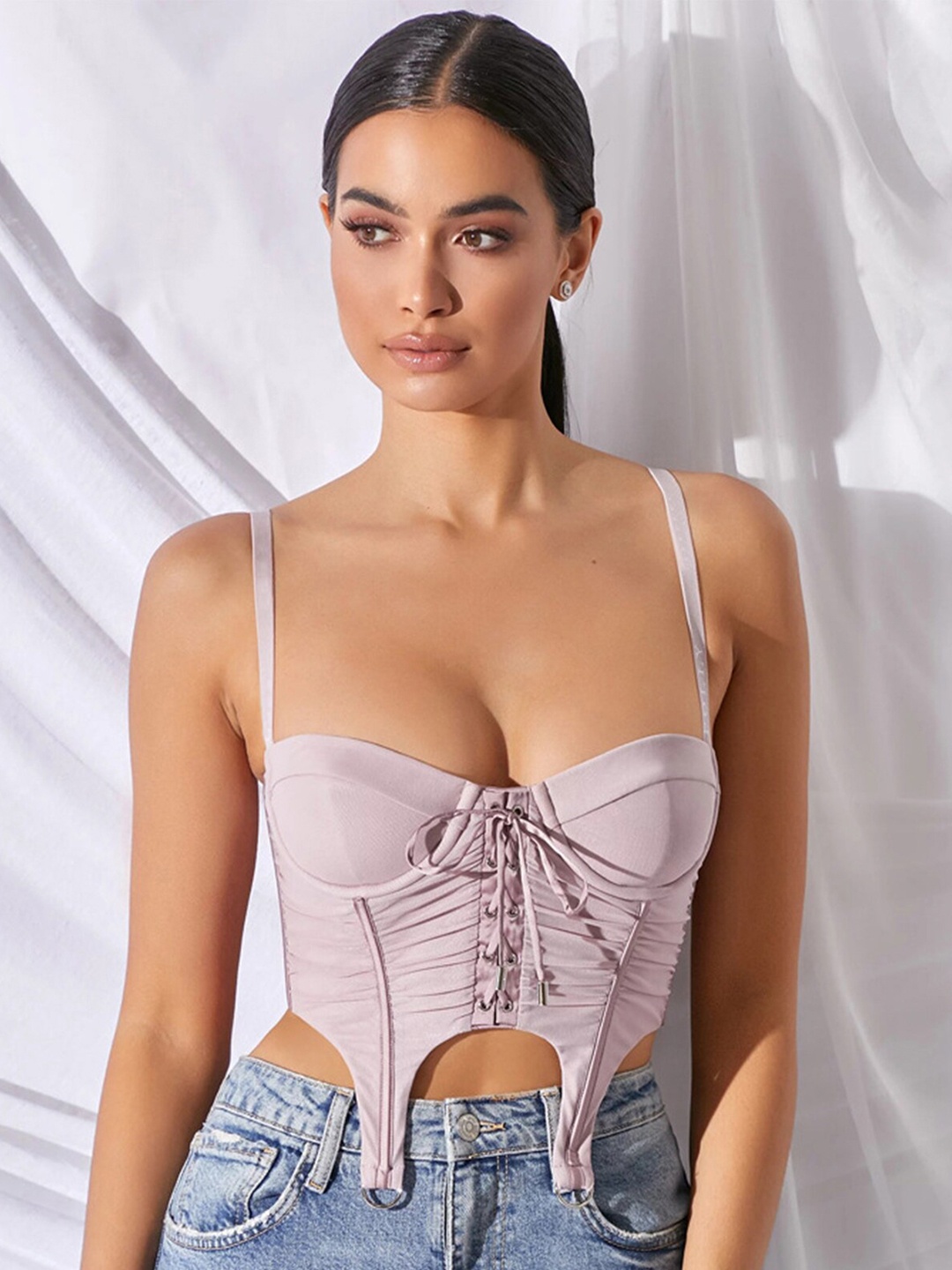 

LULU & SKY Shoulder Straps Corset Crop Top, Pink