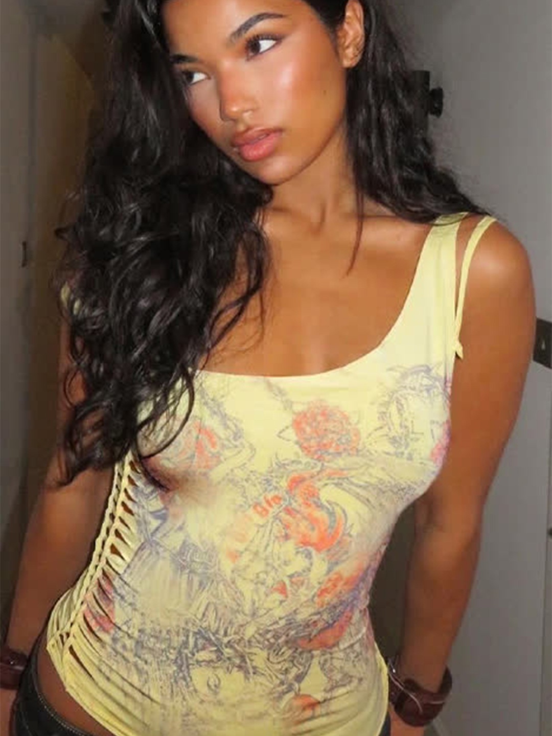 

LULU & SKY Printed One Shoulder Fitted Crop Top, Yellow
