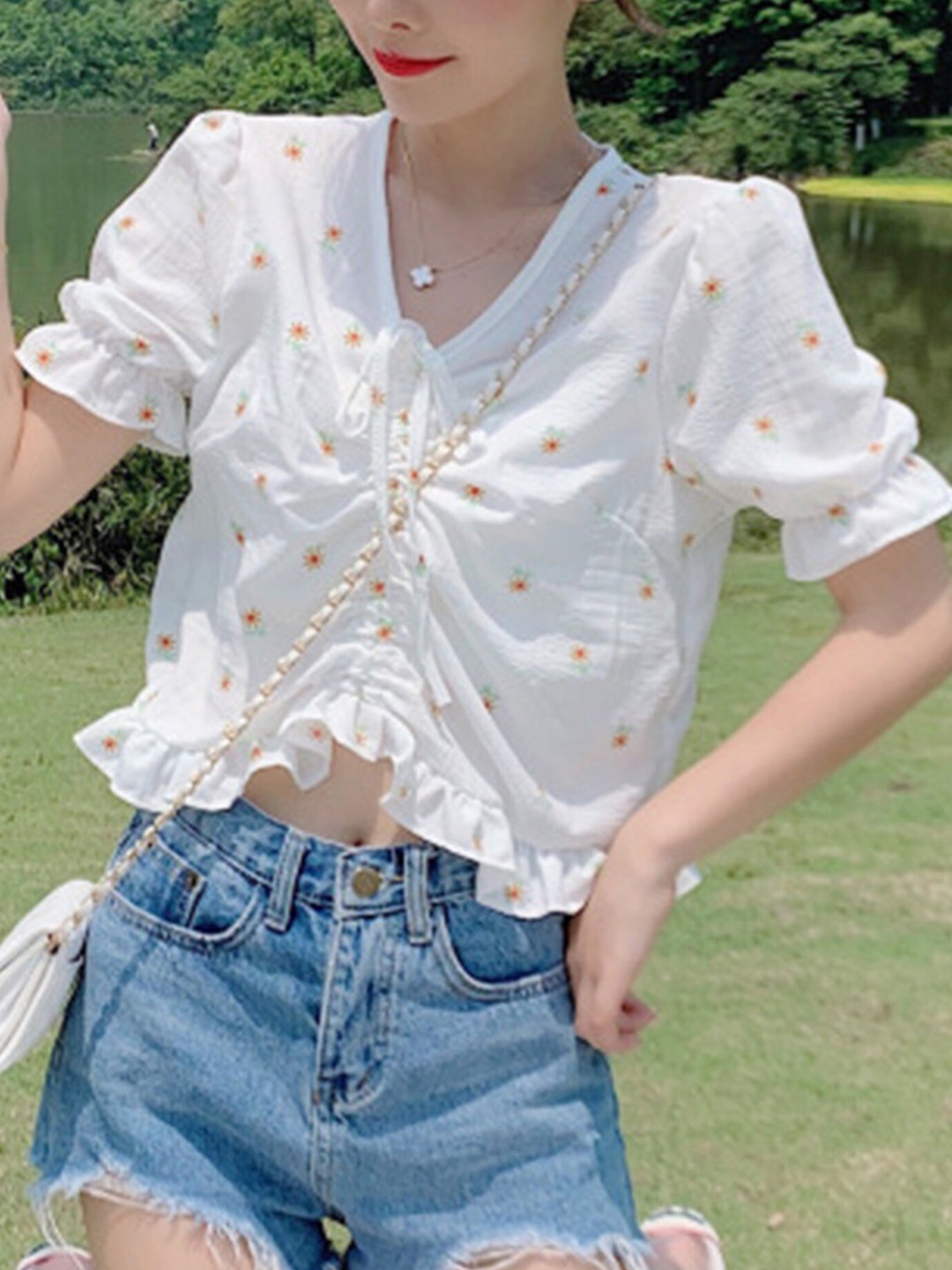 

LULU & SKY Floral Printed Ruched Crop Top, White