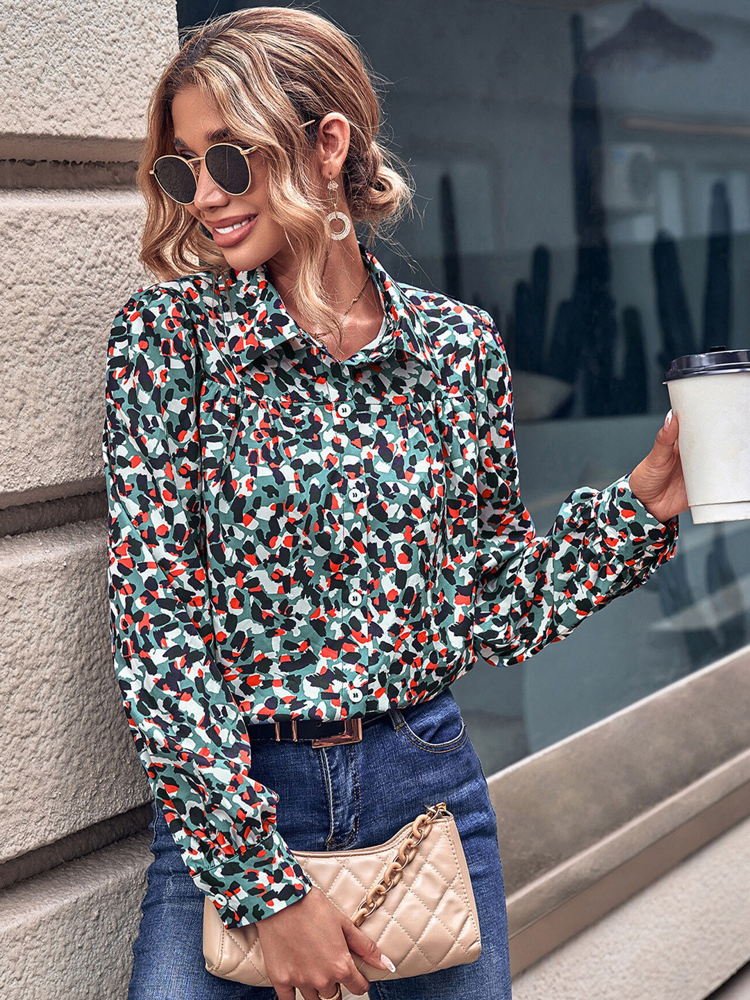 

LULU & SKY Abstract Printed Shirt Style Top, Green