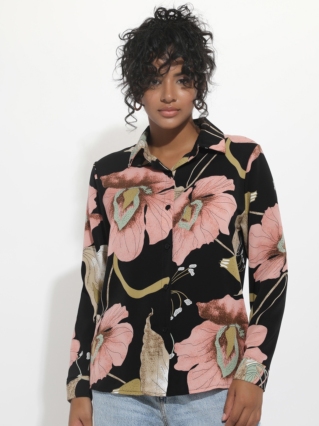 

LULU & SKY Floral Printed Shirt Style Top, Black