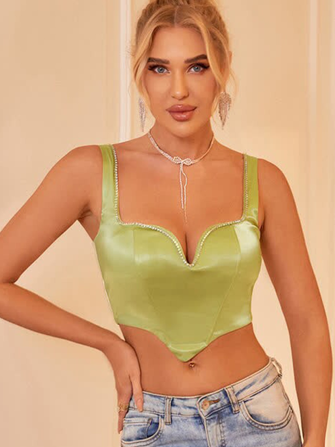 

LULU & SKY Shoulder Straps Fitted Crop Top, Green