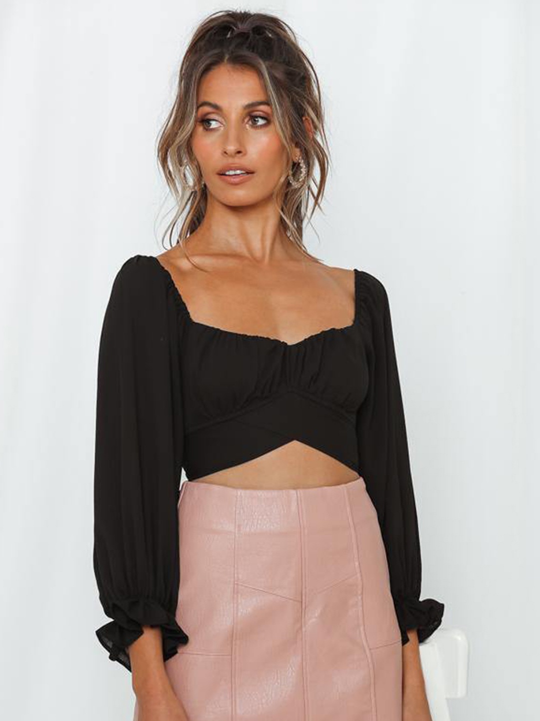 

LULU & SKY Puff Sleeve Pure Cotton Crop Top, Black