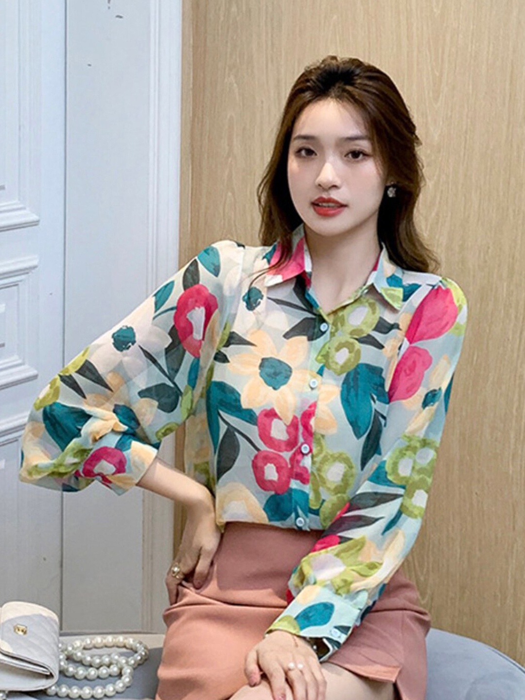 

LULU & SKY Floral Printed Spread Collar Long Sleeves Casual Shirt, Green