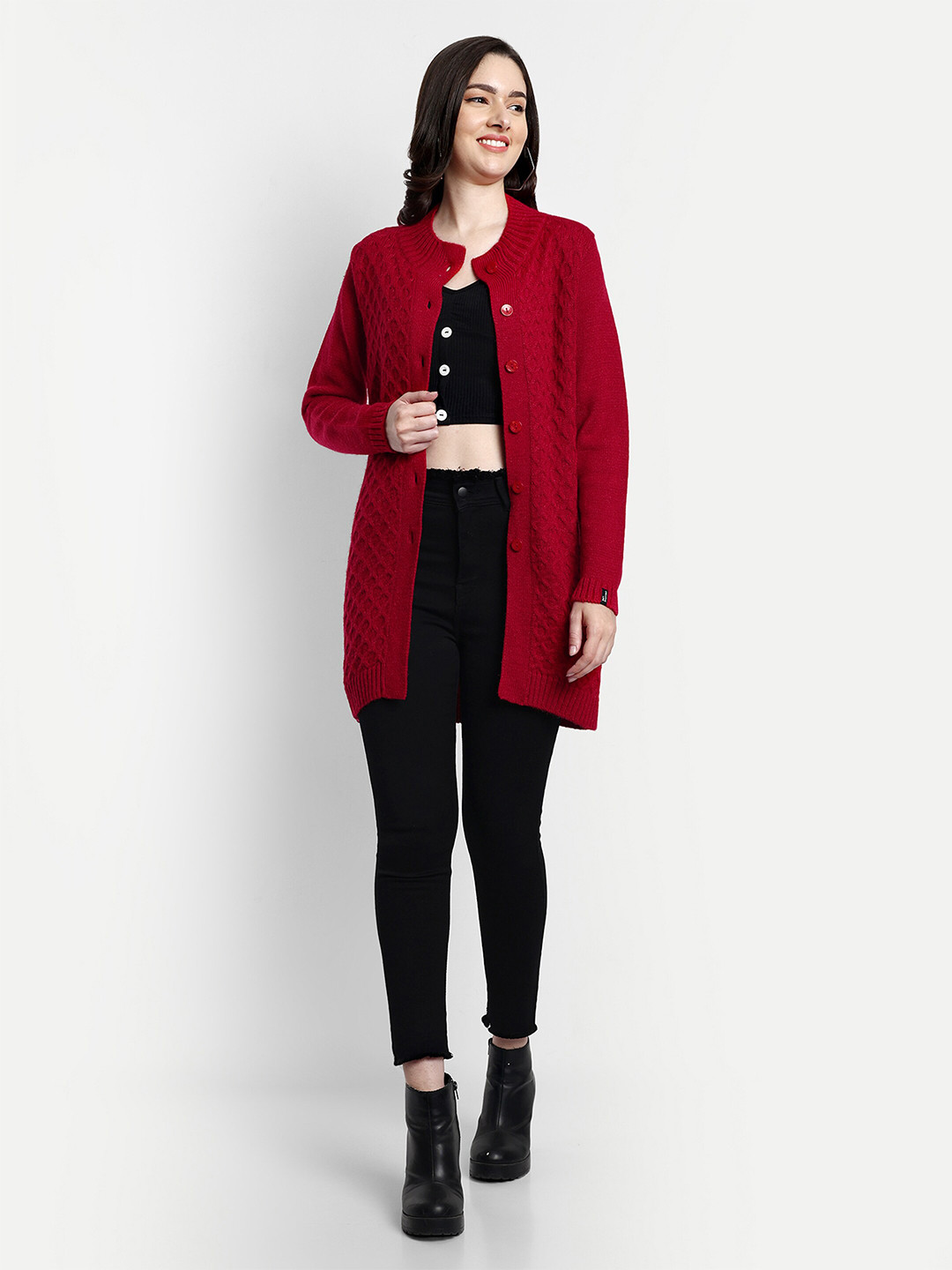 

CREATIVE LINE Self Design Cable Knit Woolen Longline Cardigan, Red