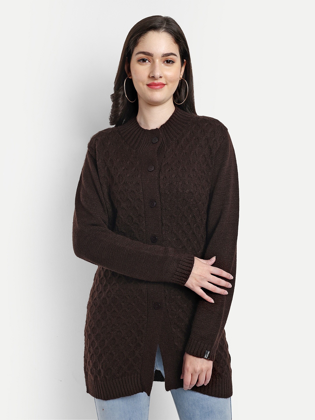 

CREATIVE LINE Self Design Woolen Longline Cardigan, Brown