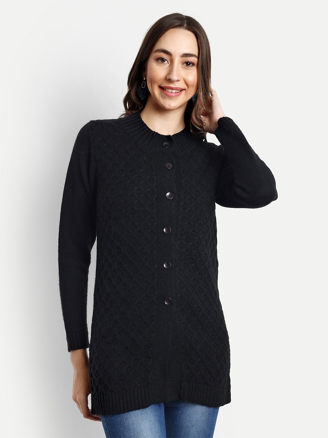 

CREATIVE LINE Self Design Woolen Longline Cardigan, Black