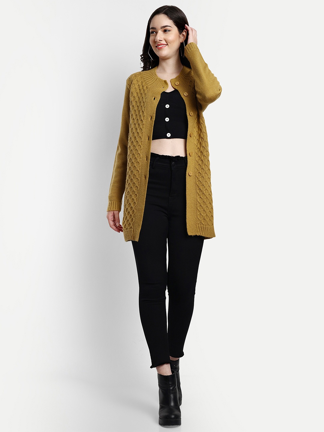 

CREATIVE LINE Self Design Cable Knit Woollen Longline Cardigan, Mustard