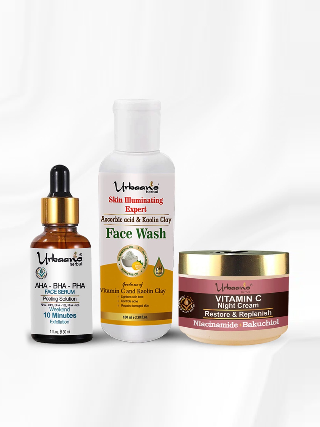 

Urbaano Herbal Set Of 3 Skin Glow Face Serum & Face Wash With Vitamin C Night Cream, White