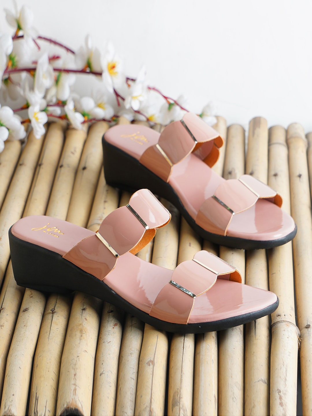 

JM Looks Embellished Two Strap Open Toe Wedges, Peach