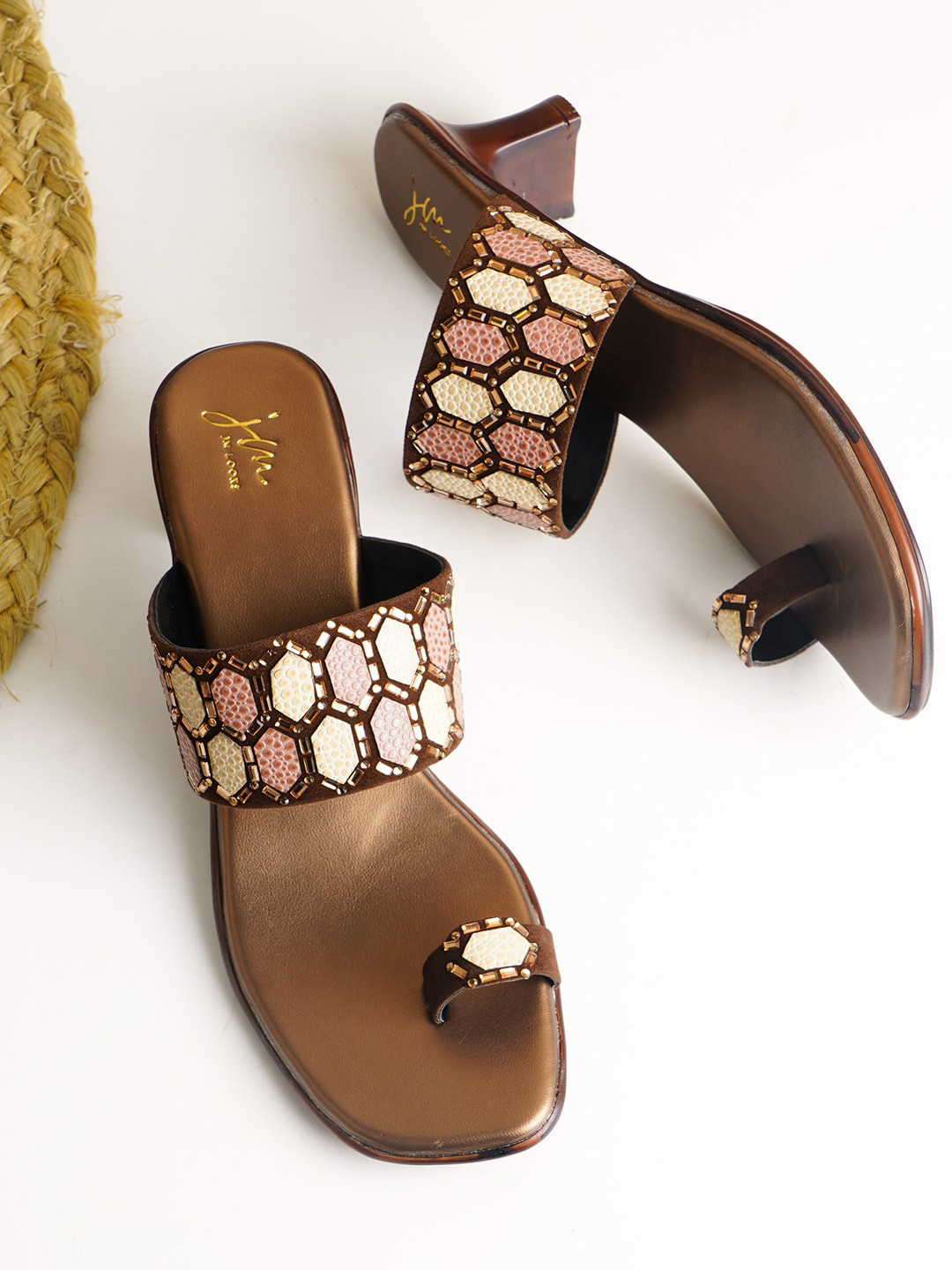 

JM Looks Ethnic Embellished One Toe Block Heels, Copper