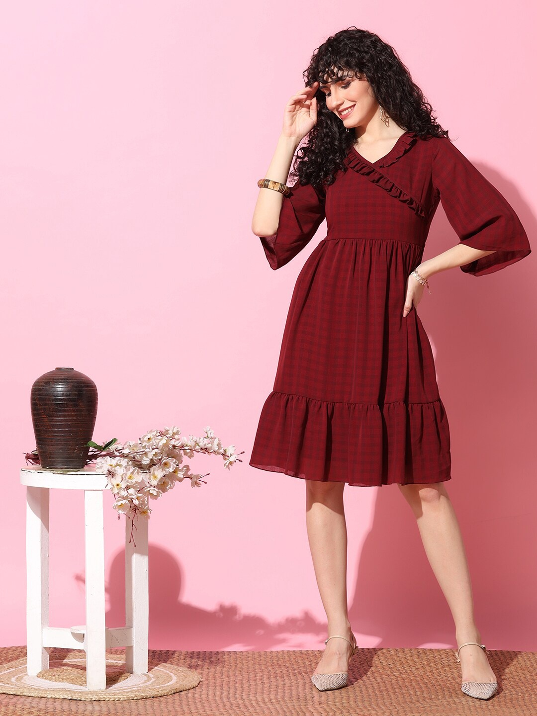 

FASHION DREAM Checked Ruffled Fit & Flare Dress, Maroon