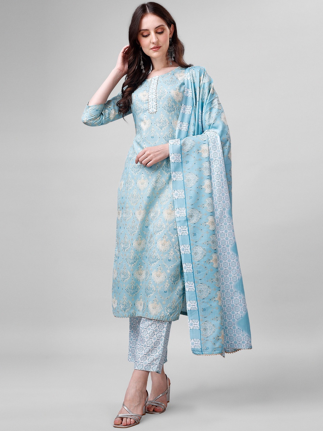 

Sun Fashion And Lifestyle Ethnic Motifs Printed Regular Kurta & Trousers With Dupatta, Blue