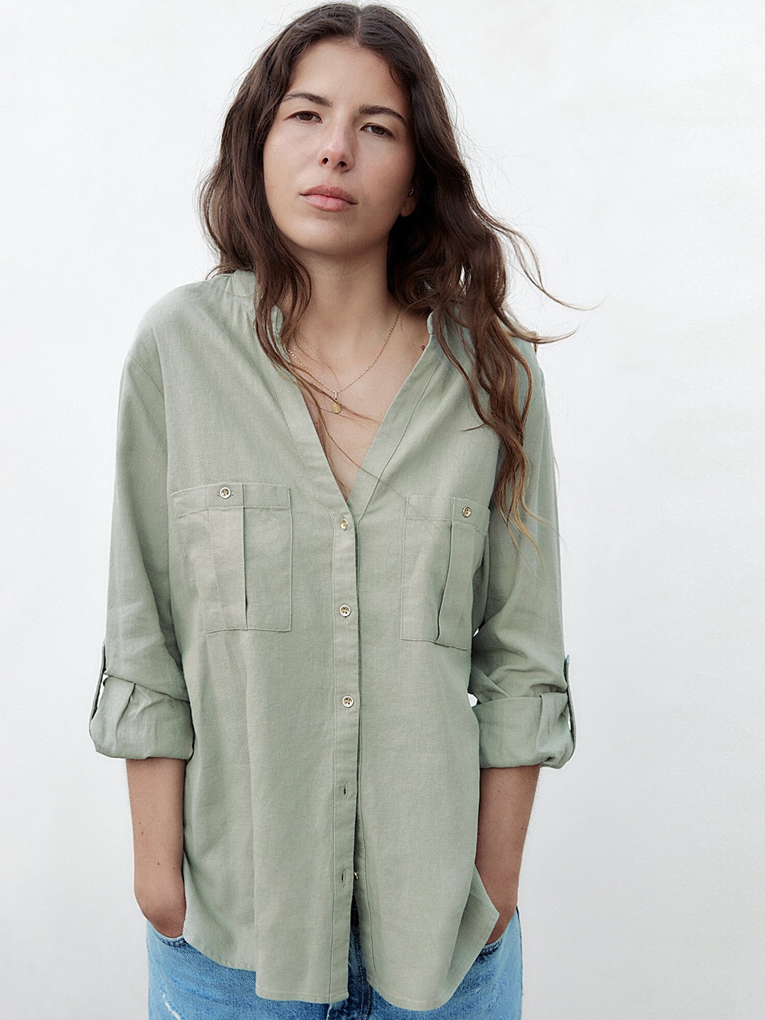 

LULU & SKY Mandarin Collar Roll-Up Sleeves Shirt Style Top, Green