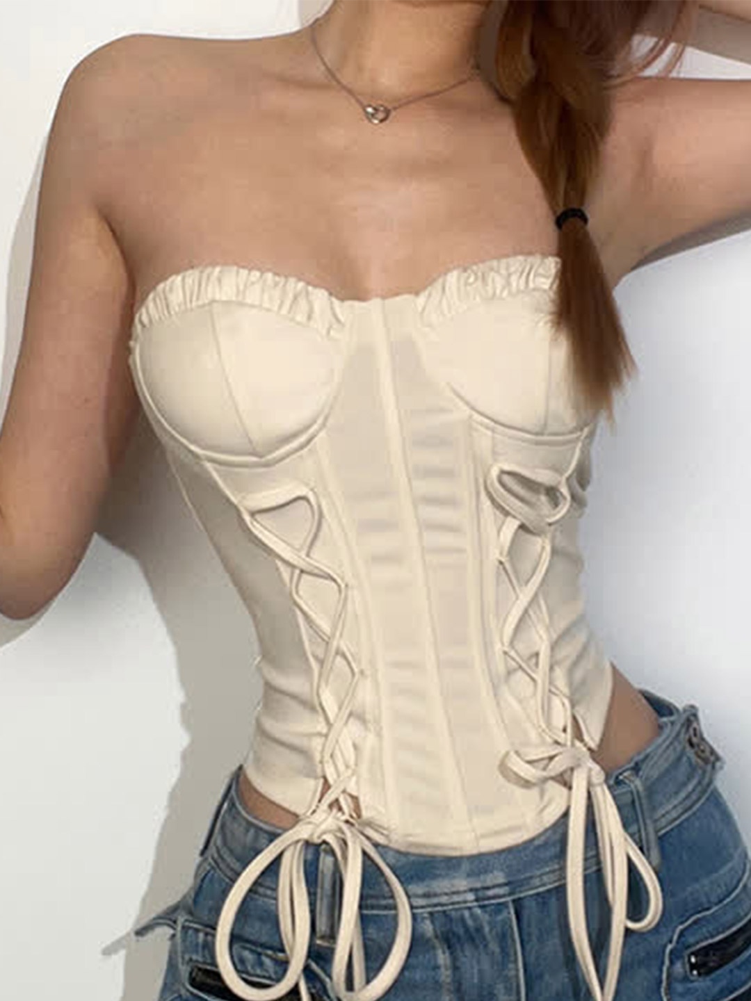 

LULU & SKY Lace-Up Strapless Corset Crop Top, Off white