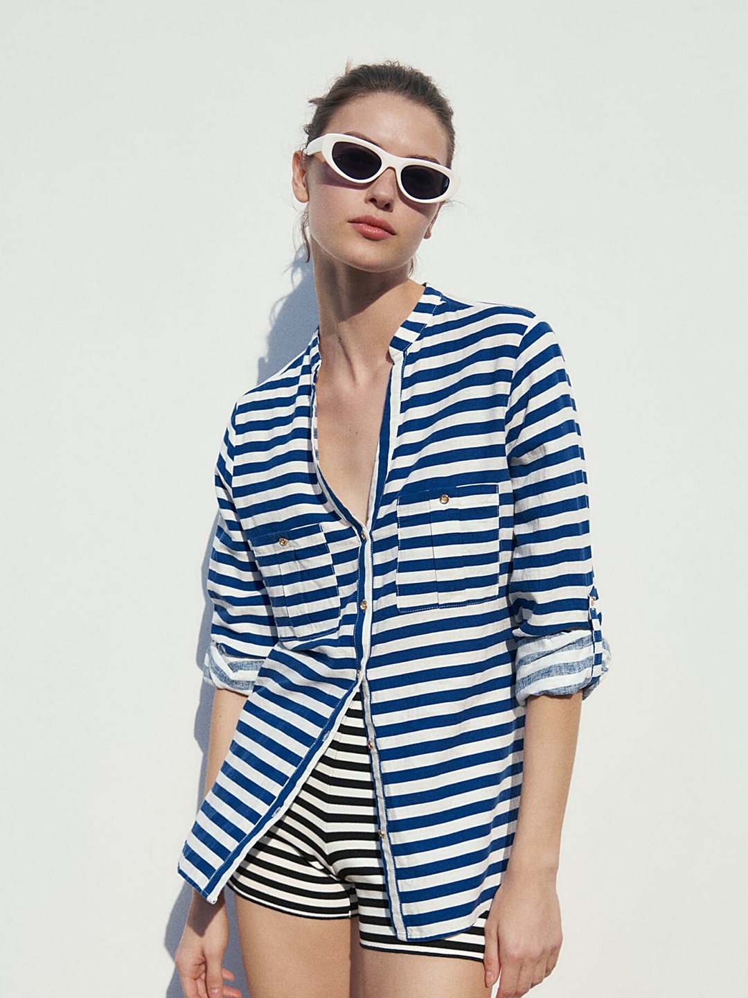 

LULU & SKY Horizontal Striped Roll-Up Sleeves Shirt Style Top, Blue