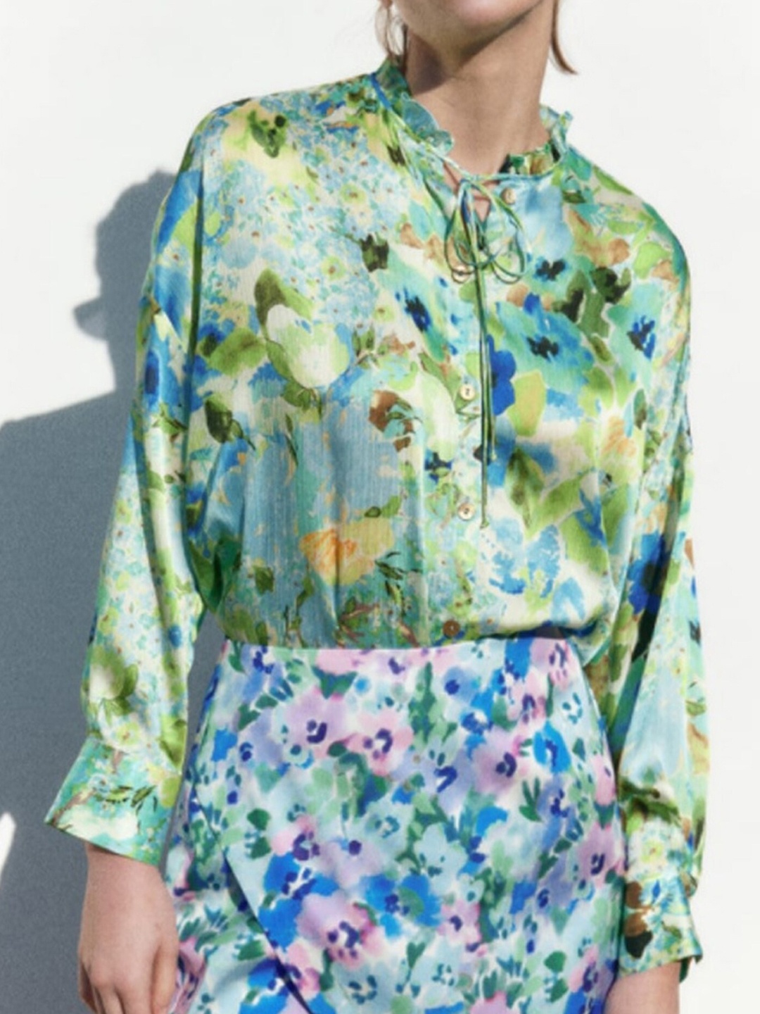 

LULU & SKY Floral Printed Tie-Up Neck Shirt Style Top, Green