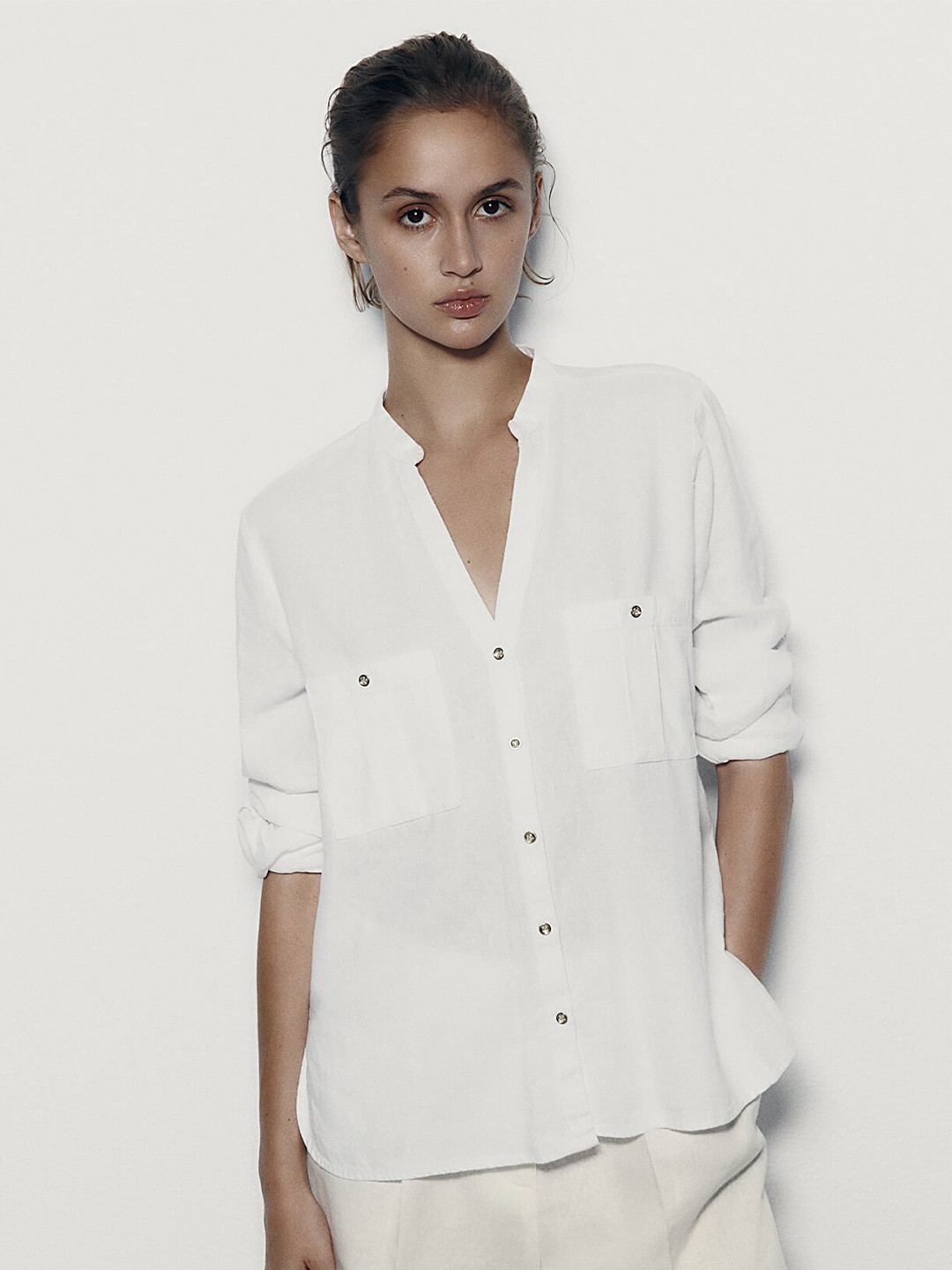 

LULU & SKY Mandarin Collar Roll-Up Sleeves Shirt Style Top, White