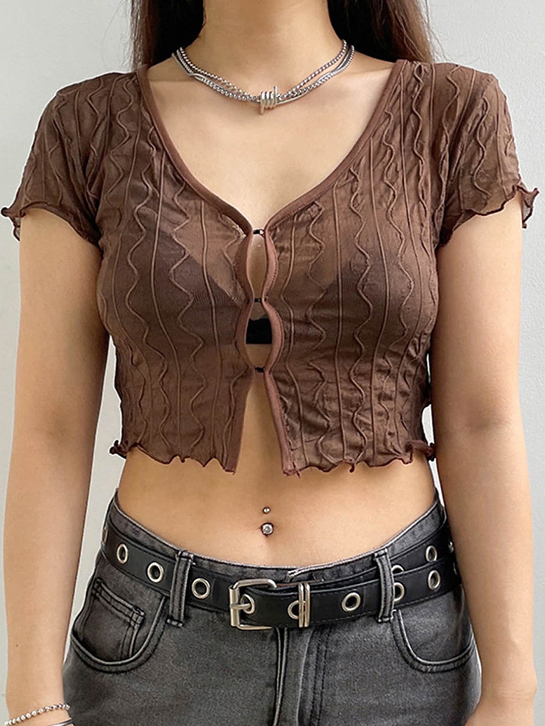 

LULU & SKY Shirt Style Crop Top, Brown