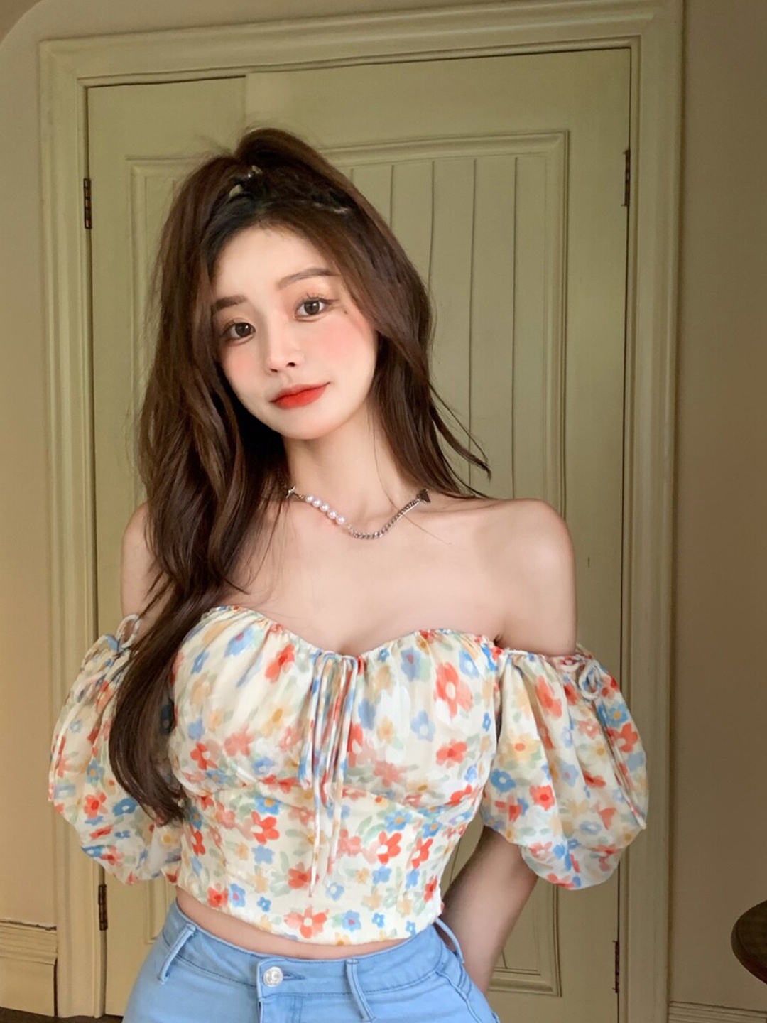 

LULU & SKY Floral Printed Off-Shoulder Puff Sleeves Bralette Top, Beige