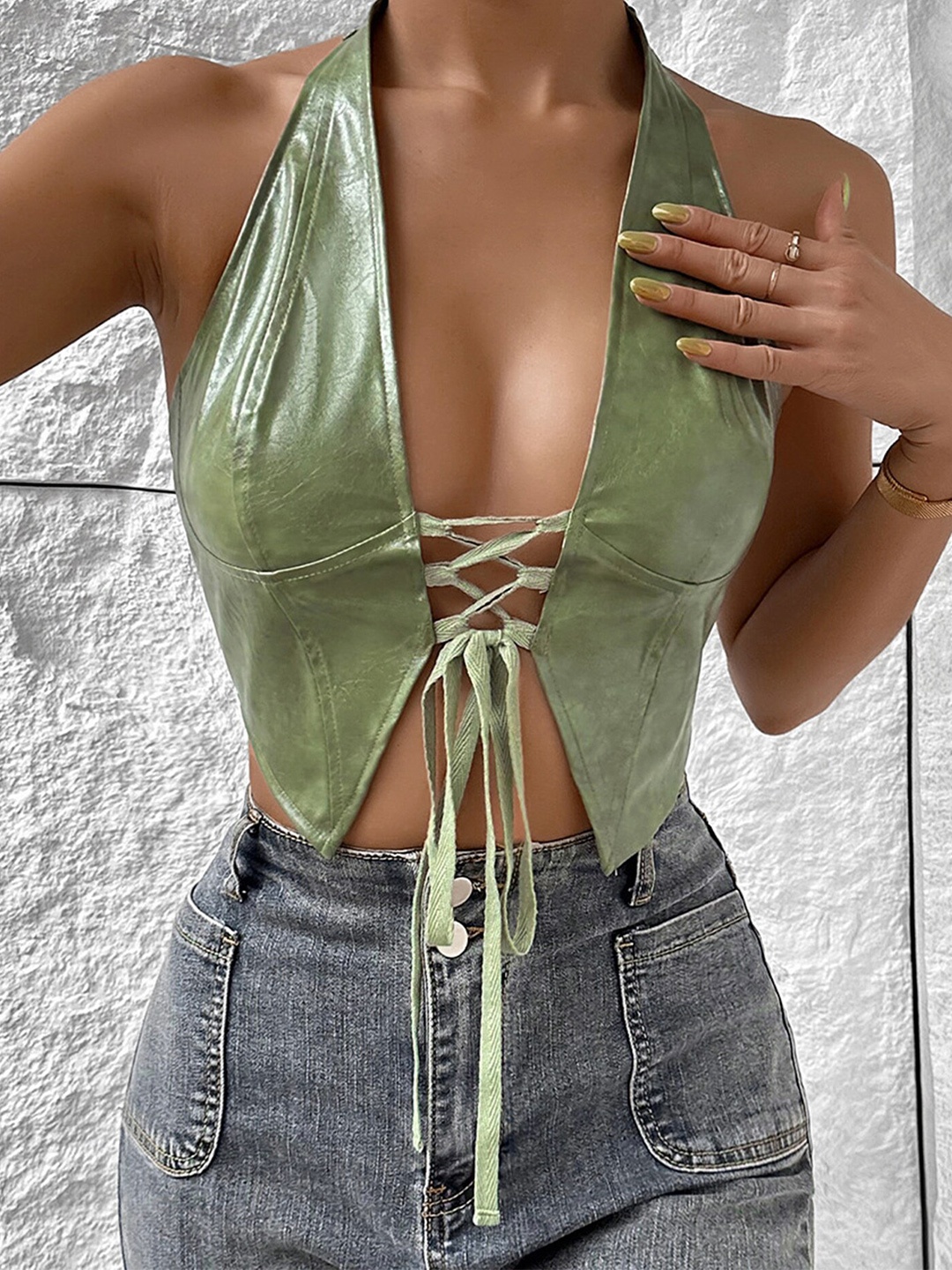 

LULU & SKY Halter Neck Tie-Up Styled Back Crop Top, Green