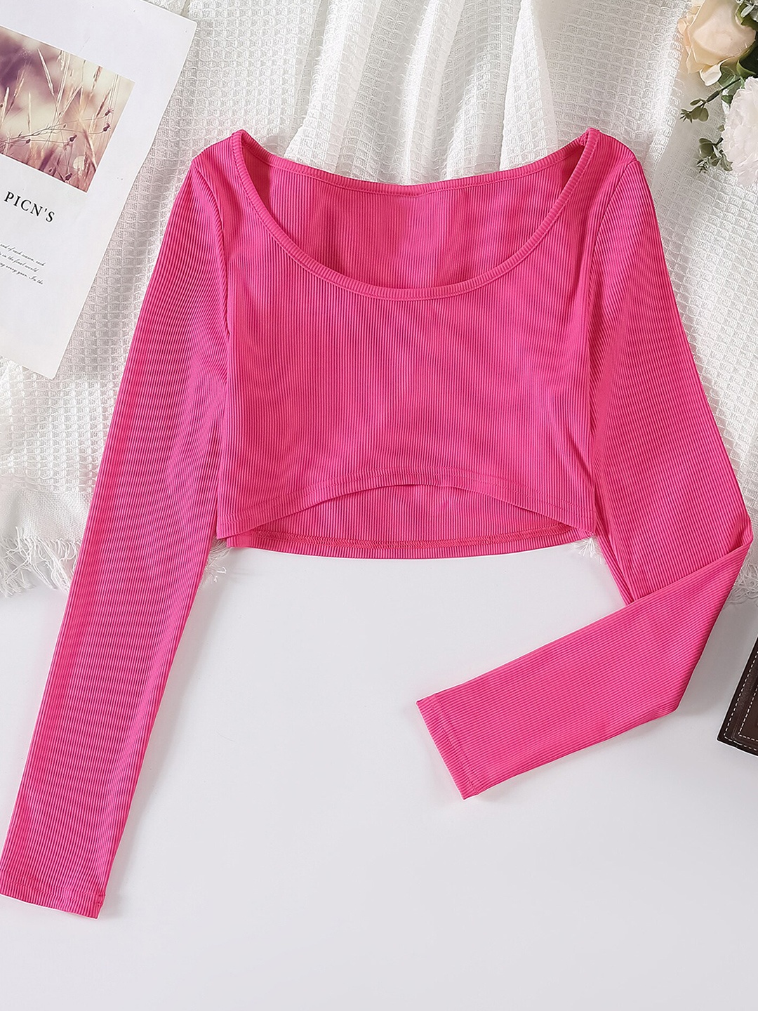

LULU & SKY Round Neck Regular Crop Top, Pink