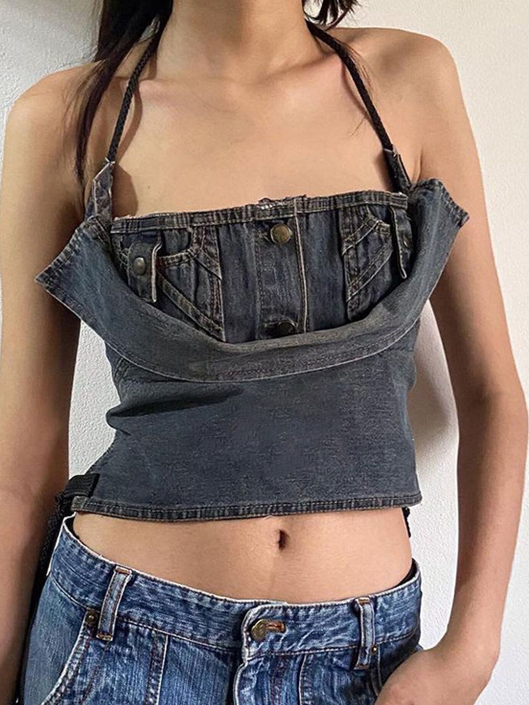 

LULU & SKY Shoulder Straps Bardot Crop Top, Grey