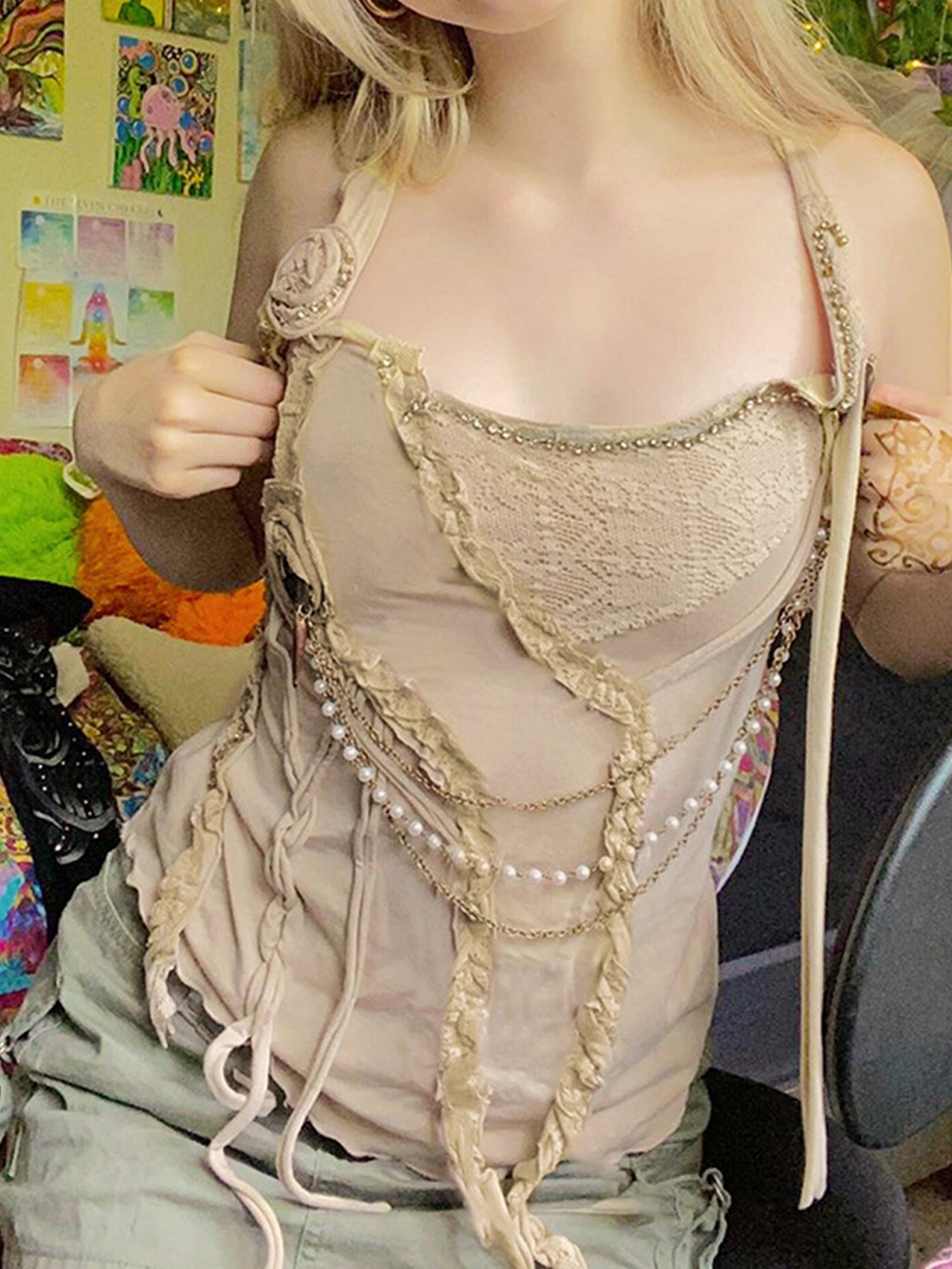 

LULU & SKY Embellished Ruffles Detail Tank Top, Khaki