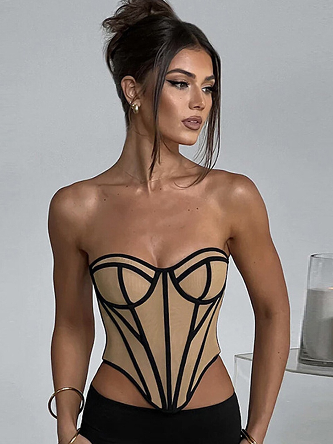 

LULU & SKY Striped Strapless Corset Style Top, Black