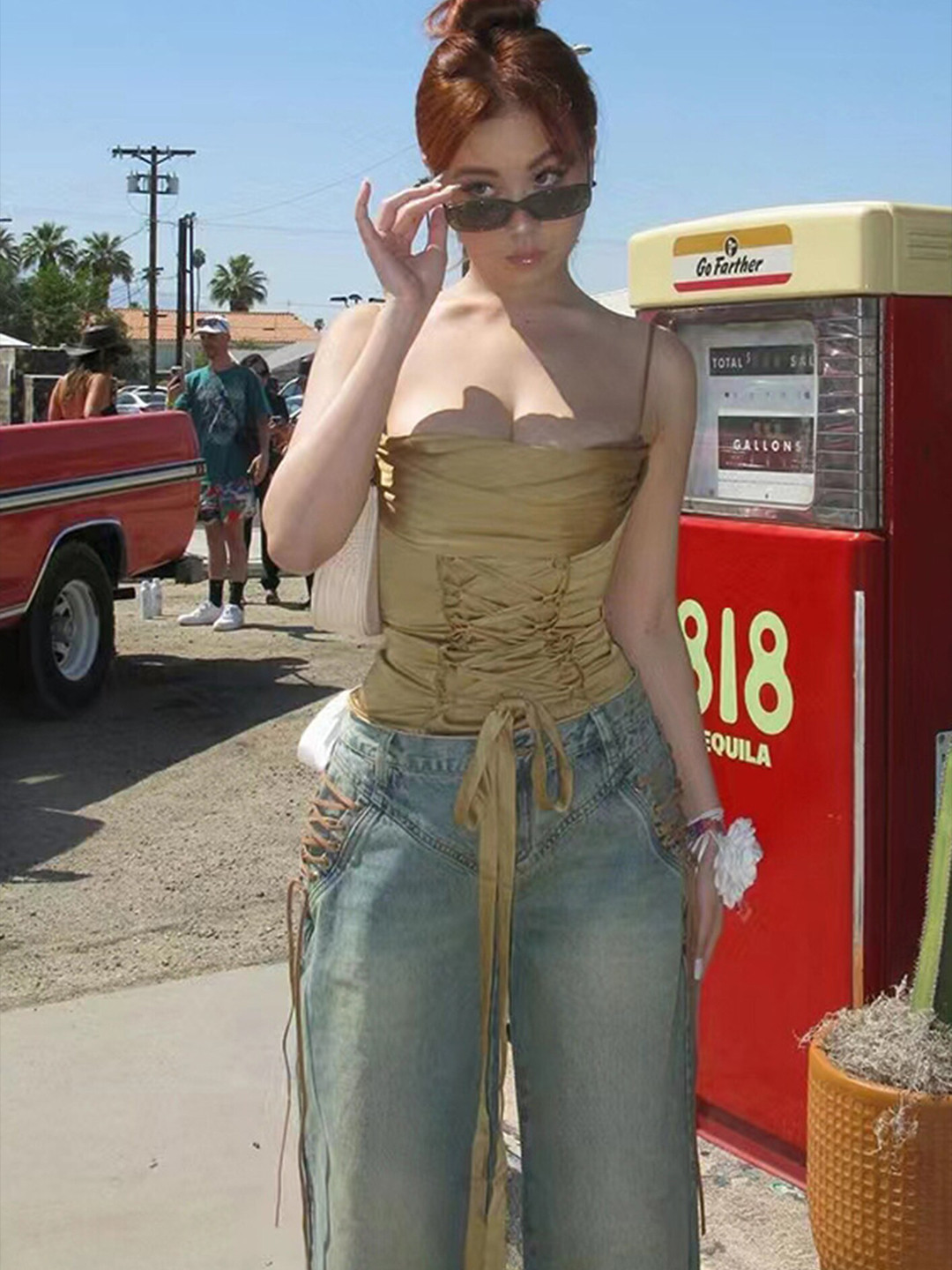 

LULU & SKY Shoulder Strap Tie-Ups Fitted Regular Top, Beige