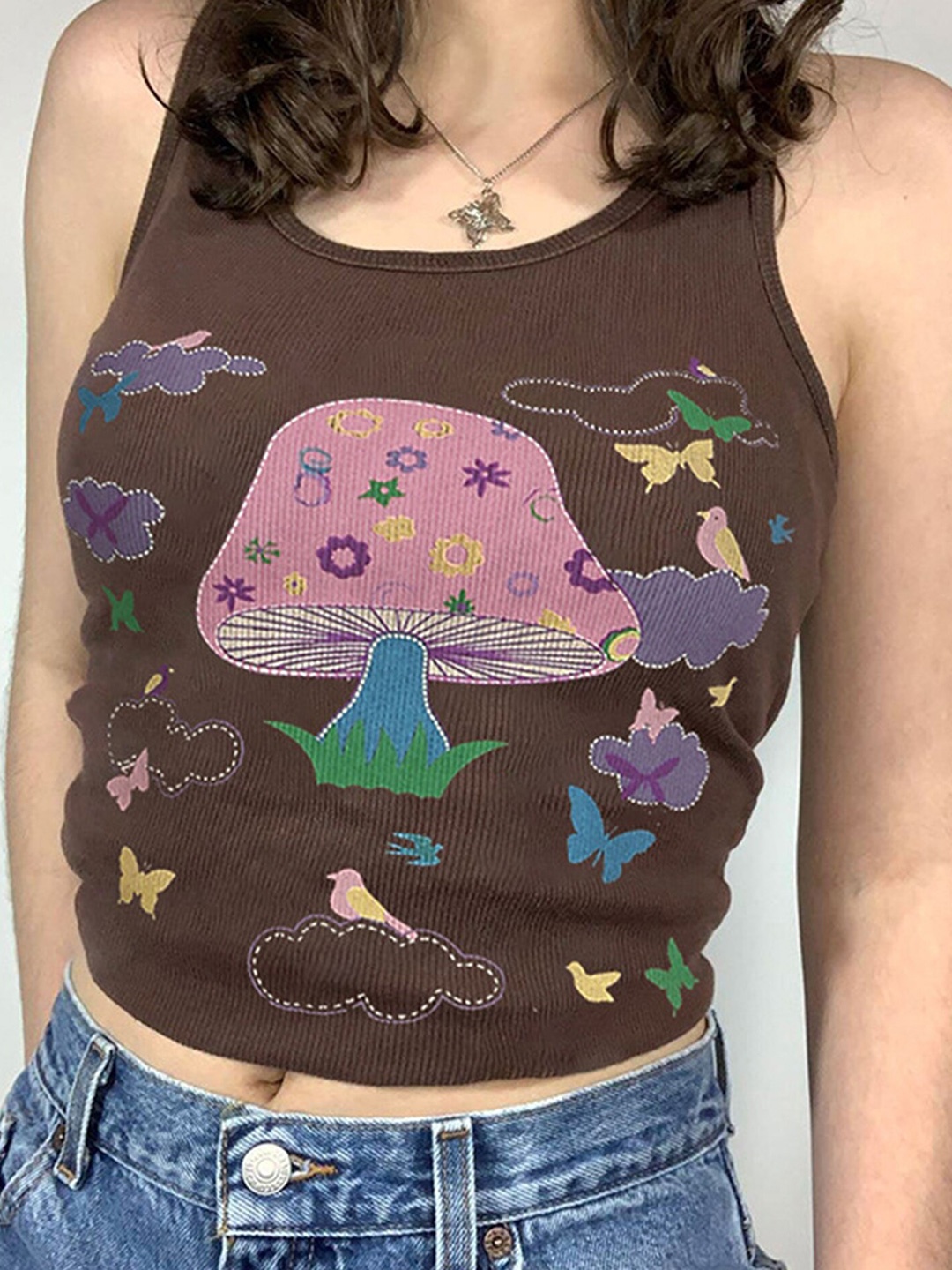 

LULU & SKY Conversational Printed Round Neck Sleeveless Cotton Crop Top, Brown